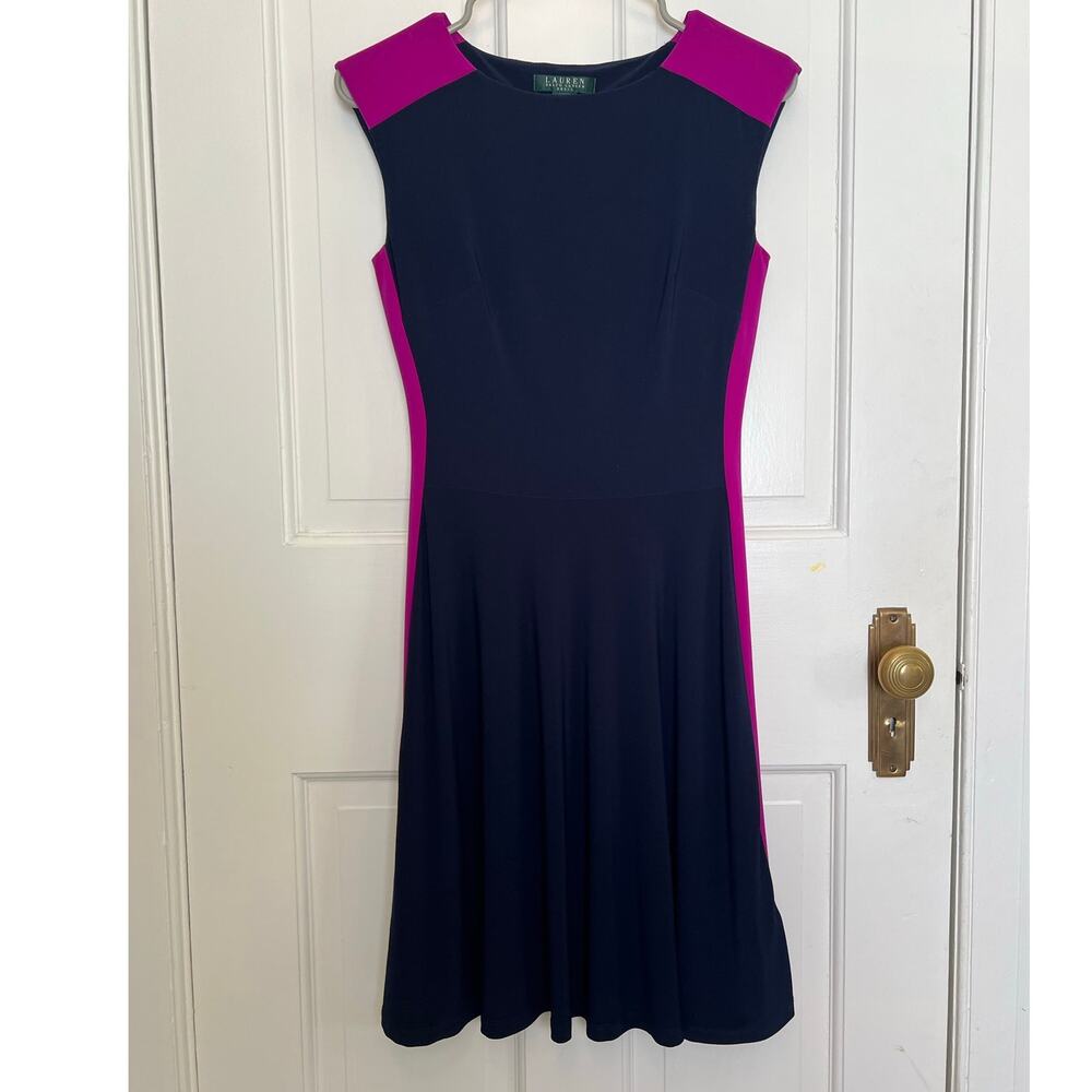 Lauren Ralph Lauren Navy Blue Colorblock Dress Magenta Side Cap Sleeve Sz 0
